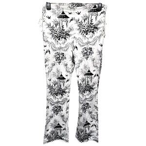 Ivory Pants Black Print Asian Gardens Birds Flowers Vintage Georgiou Studios 10